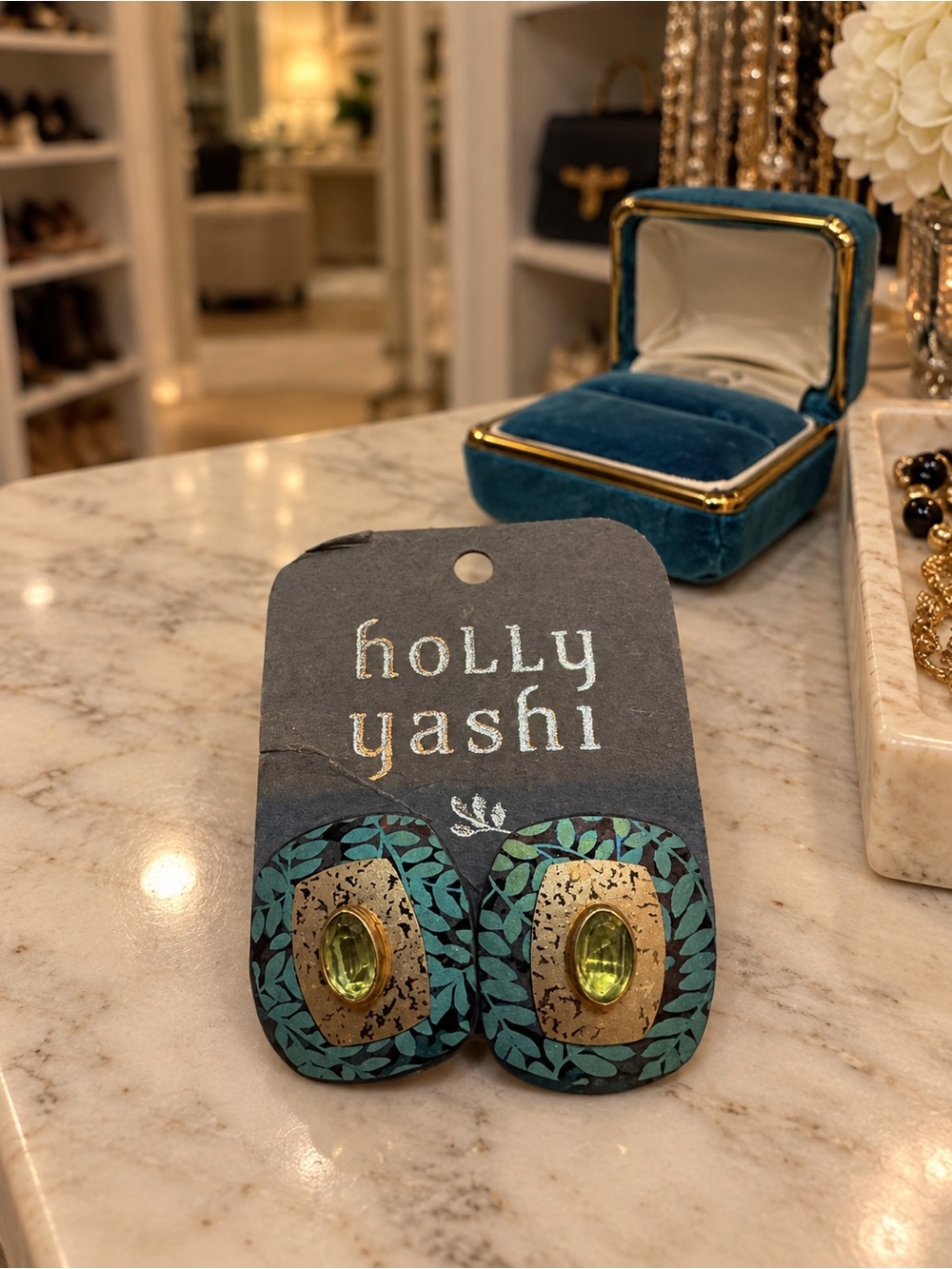 Holly Yashi Handcrafted Blue Green Leaf Pattern Crystal Earrings